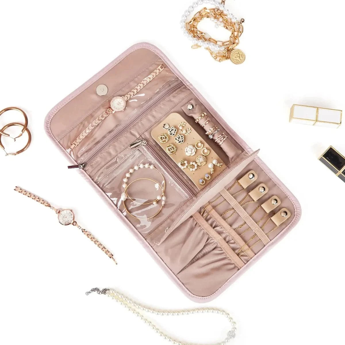 Travel Jewelry Case Organizer, Foldable Roll Earrings, Necklaces, Rings,Bracelets,Portable Bag - Passport Outfitters Apparel