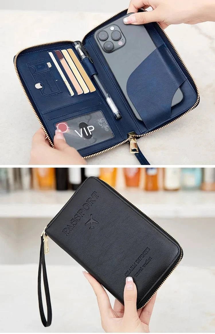 New Leather Passport Cover RFID Blocking Card Holder Zipper Wallet Travel Essentials Phone Bag International Travel Accessories - Passport Outfitters Apparel