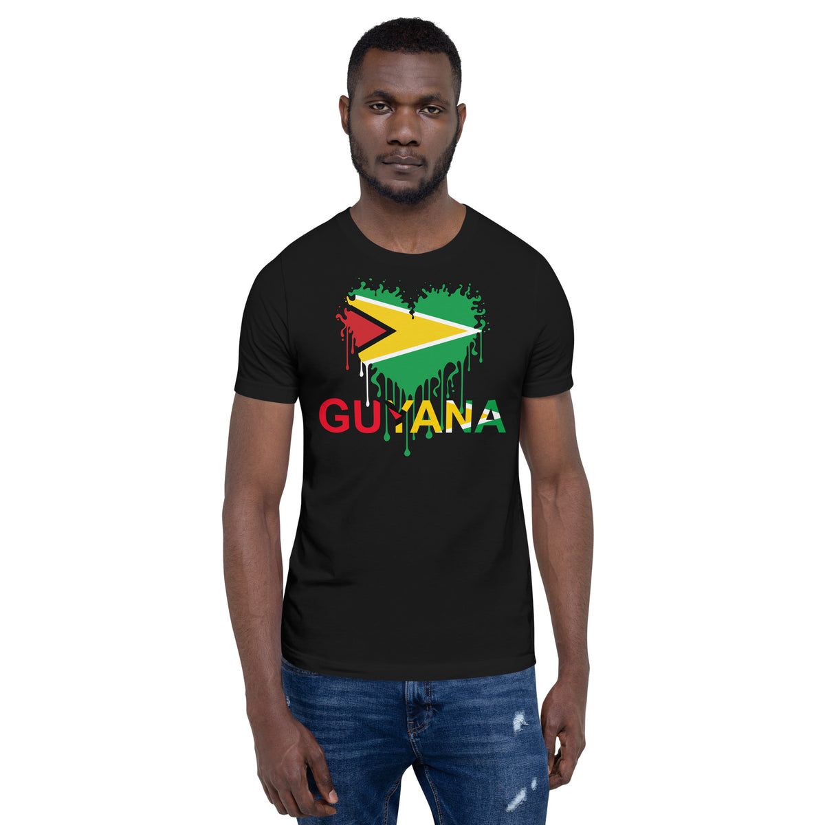 Guyana Flag Heart T-Shirt | Drip Art Patriotic Apparel by Passport Outfitters
