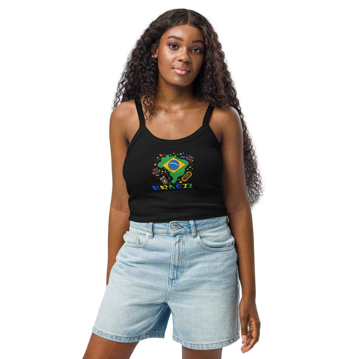Brasil Carnival Women's Micro-Rib Tank Top | Brazilian Pride Graphic Festival Crop Top by Passport Outfitters