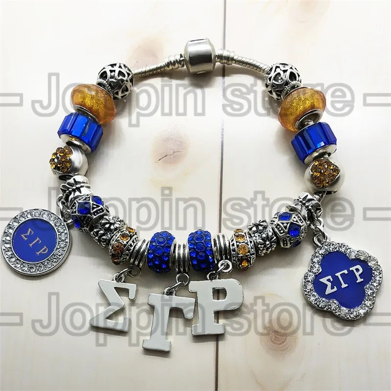 Fashion handmade DIY Blue Murano glass big hole beads bangle SIGMA GAMMA RHO sorority society Symbol jewelry bracelet by Passport Outfitters