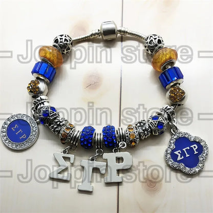 Fashion handmade DIY Blue Murano glass big hole beads bangle SIGMA GAMMA RHO sorority society Symbol jewelry bracelet by Passport Outfitters