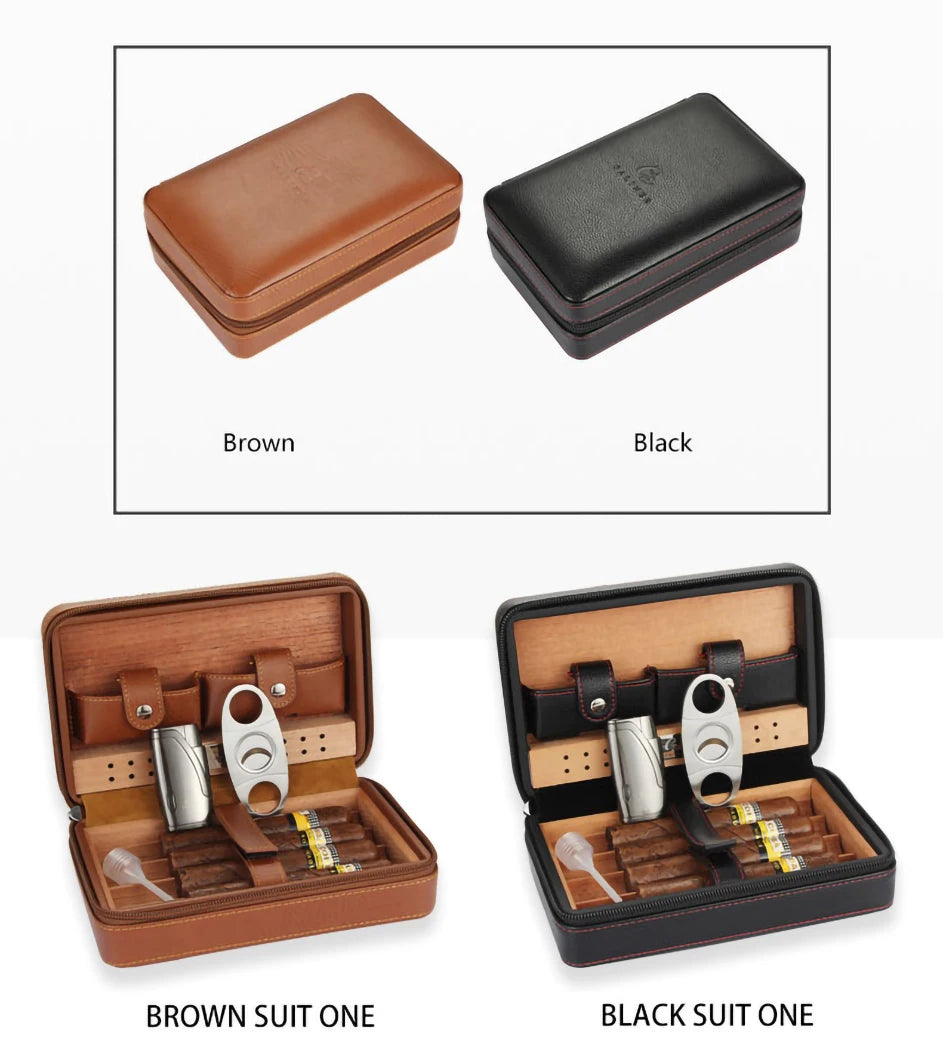 Portable Humidor Cigar Box Travel Cigar Case Leather Cedar Wood Cigar Humidor Box W/ Cutter Lighter Puro Set Accessories by Passport Outfitters