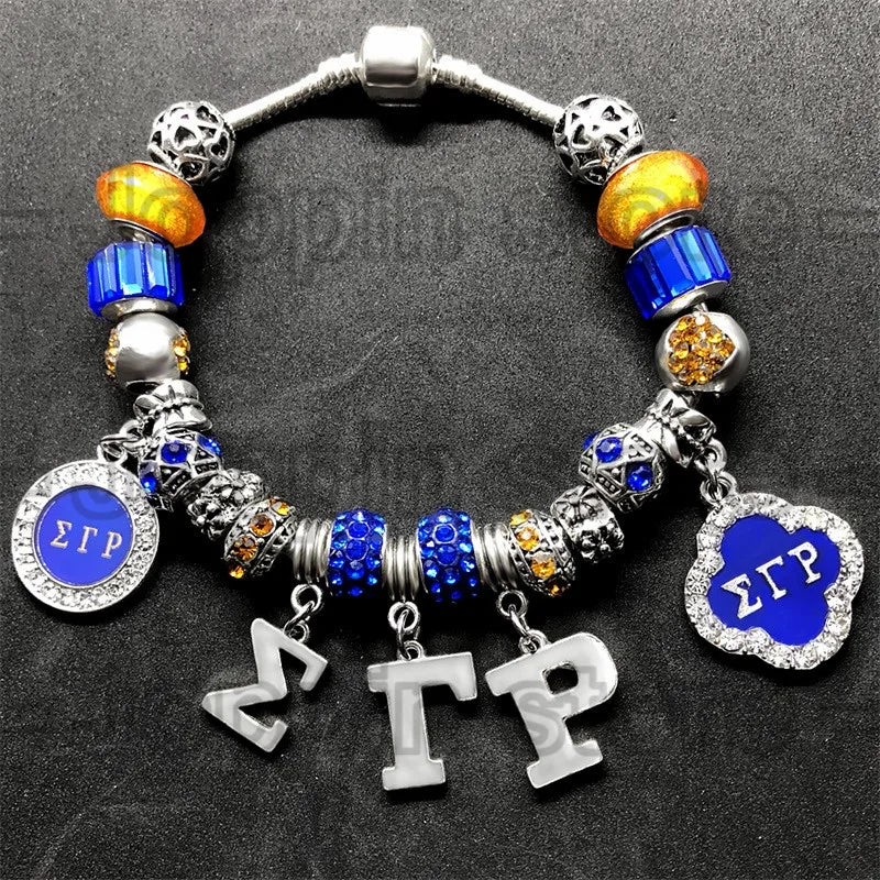 Fashion handmade DIY Blue Murano glass big hole beads bangle SIGMA GAMMA RHO sorority society Symbol jewelry bracelet by Passport Outfitters
