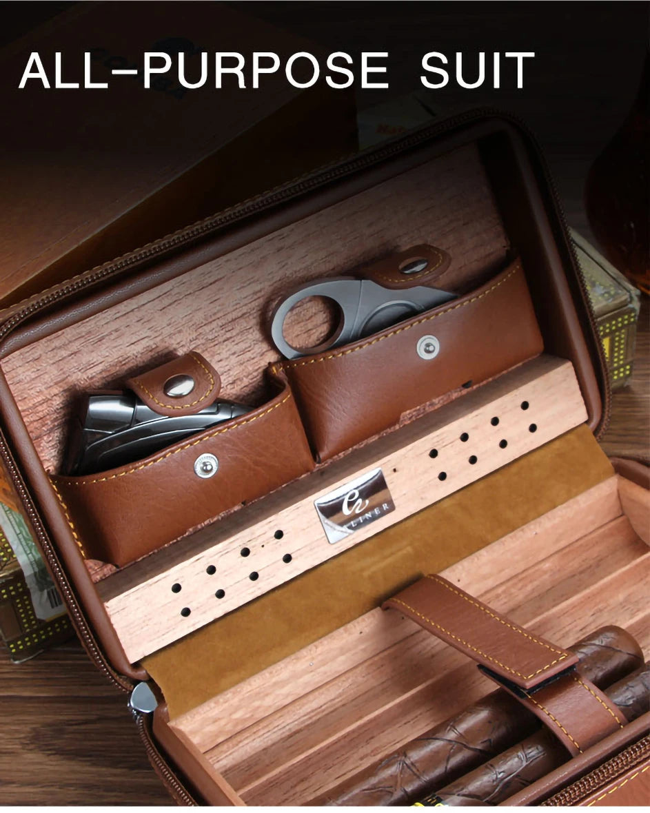 Portable Humidor Cigar Box Travel Cigar Case Leather Cedar Wood Cigar Humidor Box W/ Cutter Lighter Puro Set Accessories by Passport Outfitters