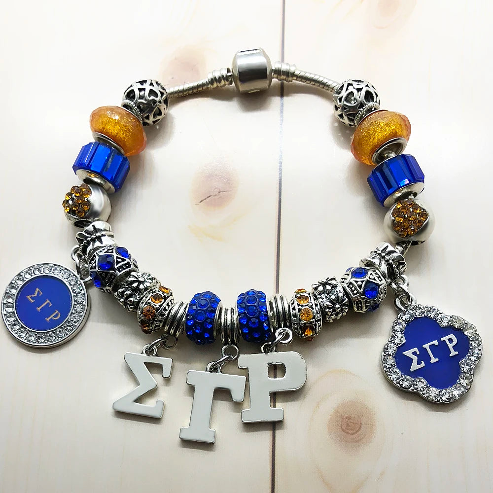 Fashion handmade DIY Blue Murano glass big hole beads bangle SIGMA GAMMA RHO sorority society Symbol jewelry bracelet by Passport Outfitters
