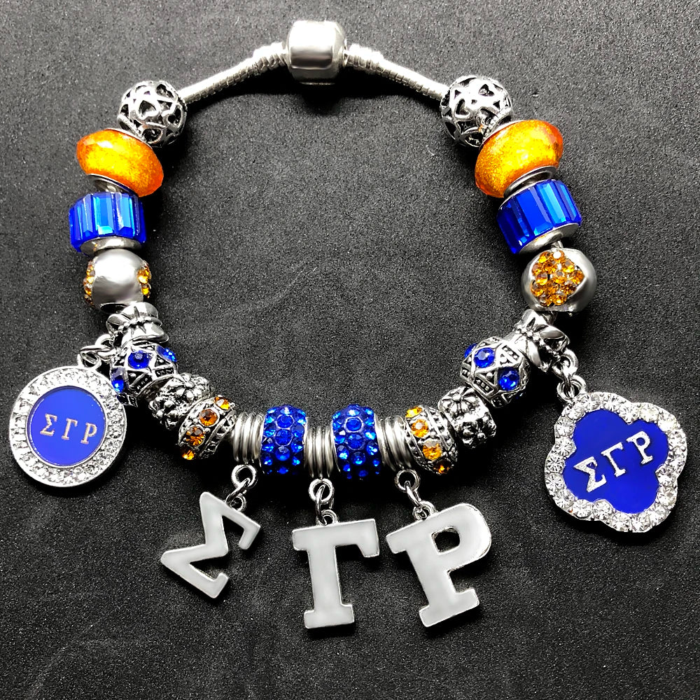 Fashion handmade DIY Blue Murano glass big hole beads bangle SIGMA GAMMA RHO sorority society Symbol jewelry bracelet by Passport Outfitters