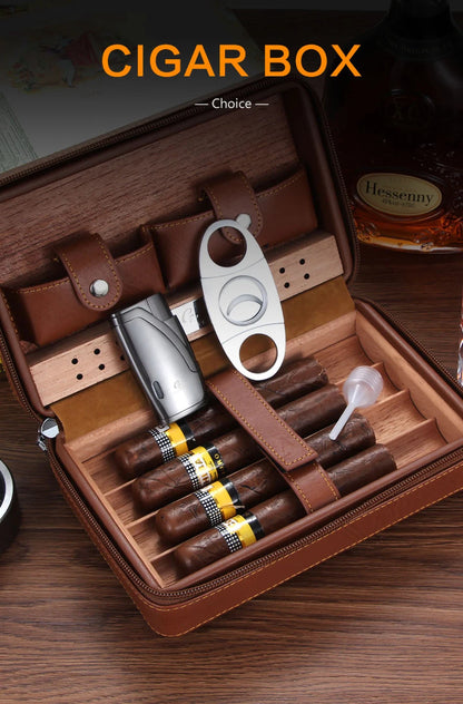 Portable Humidor Cigar Box Travel Cigar Case Leather Cedar Wood Cigar Humidor Box W/ Cutter Lighter Puro Set Accessories by Passport Outfitters