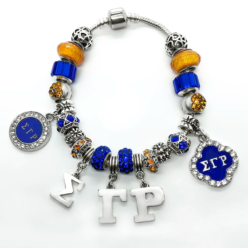 Fashion handmade DIY Blue Murano glass big hole beads bangle SIGMA GAMMA RHO sorority society Symbol jewelry bracelet by Passport Outfitters