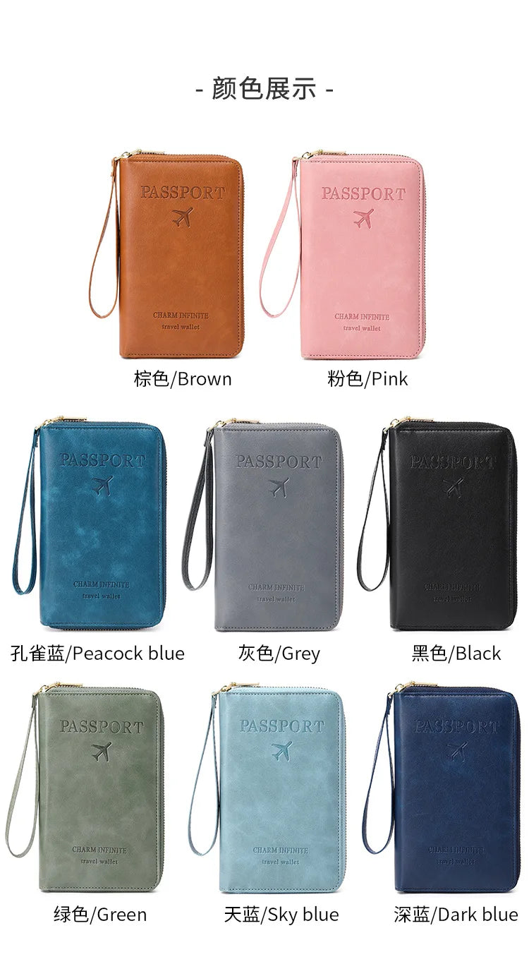 New Leather Passport Cover RFID Blocking Card Holder Zipper Wallet Travel Essentials Phone Bag International Travel Accessories