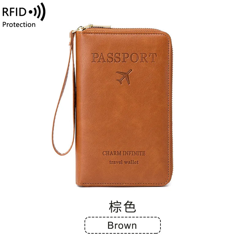 New Leather Passport Cover RFID Blocking Card Holder Zipper Wallet Travel Essentials Phone Bag International Travel Accessories