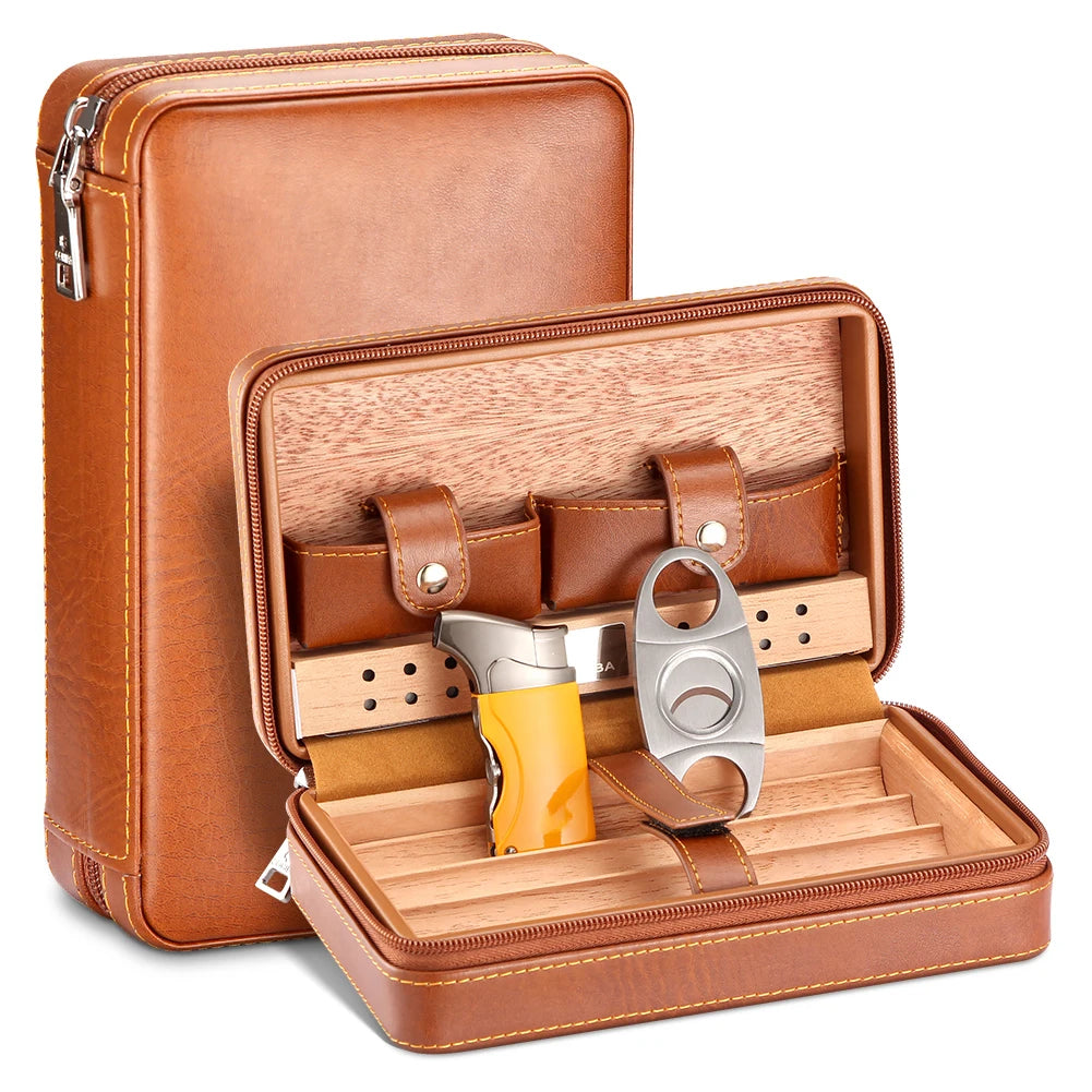 Portable Humidor Cigar Box Travel Cigar Case Leather Cedar Wood Cigar Humidor Box W/ Cutter Lighter Puro Set Accessories by Passport Outfitters