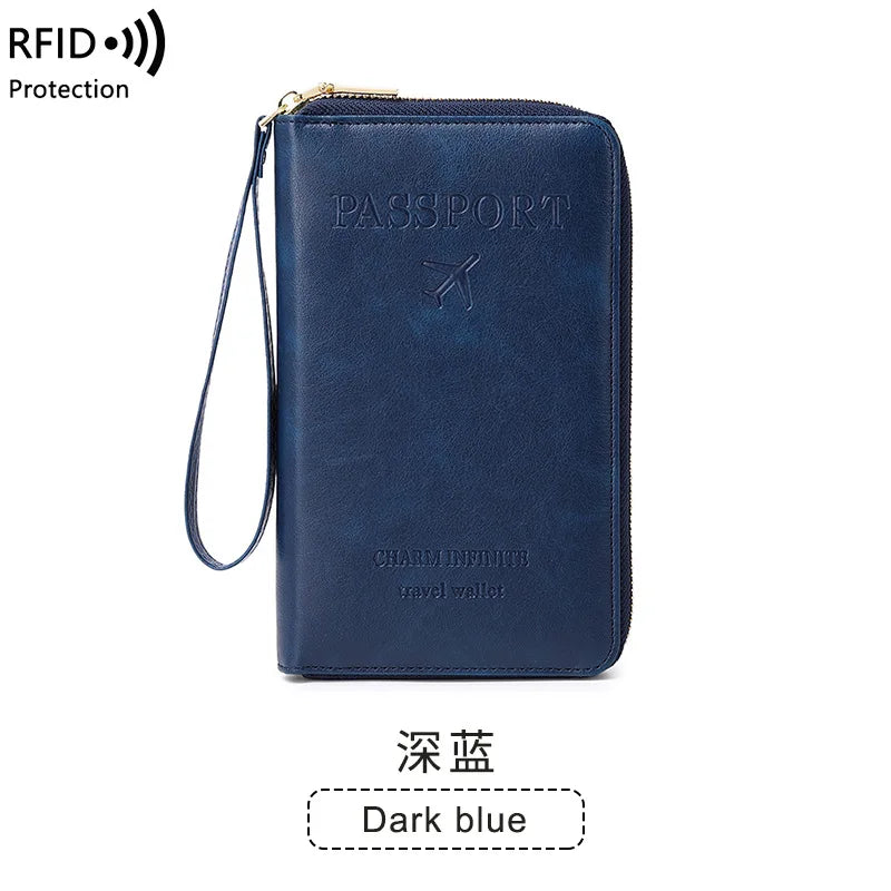 New Leather Passport Cover RFID Blocking Card Holder Zipper Wallet Travel Essentials Phone Bag International Travel Accessories