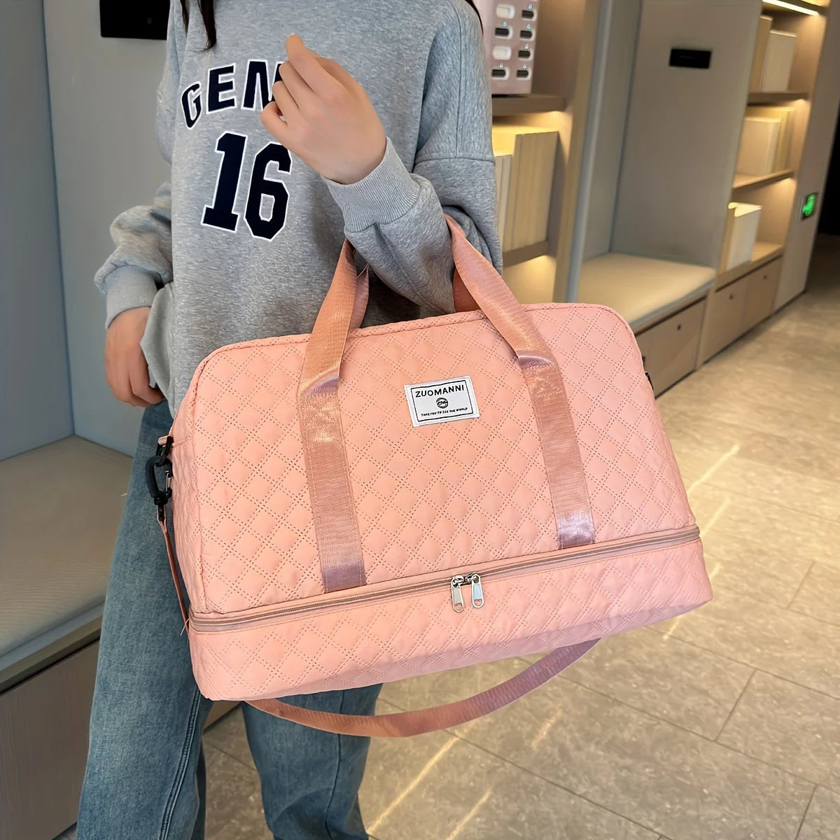 Casual nylon travel luggage bag,  large capacity sports and fitness storage, multi pocket portable weekender overnight bag