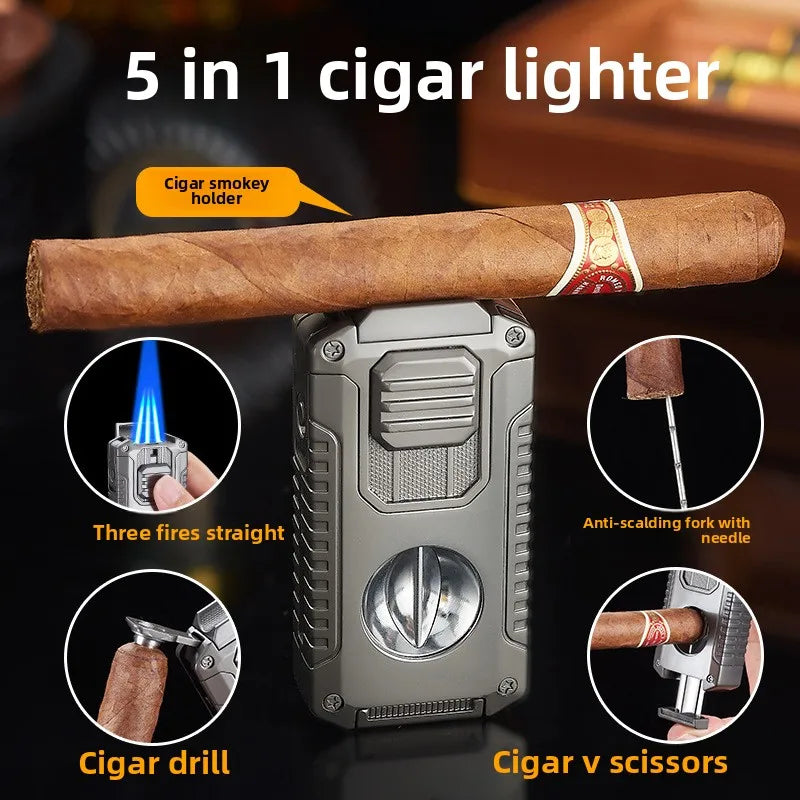 Portable Multi-function Jet Lighter with V-shaped Cigar Cutter Cigar Cigarette Holder Men's Cigarette Lighter, Gentleman's Taste by Passport Outfitters