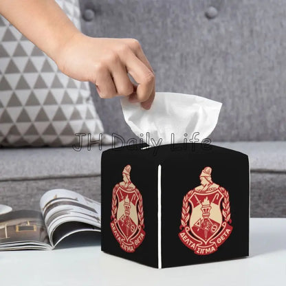 Delta Sigma Theta Sorority Tissue Box Cover Square Tissue Holder with Belt Bottom Leather Napkin Holder for Vanity Countertop by Passport Outfitters