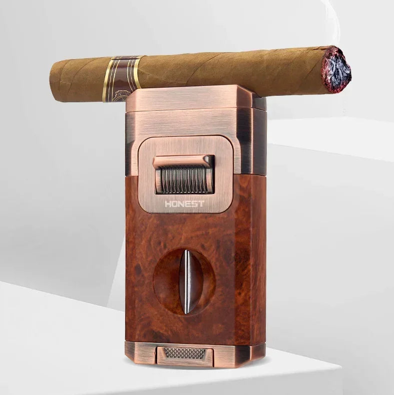 Metal High-end Cigar Lighter with Unique Wind Proof V-shaped Cutting Double Jet Flame Butane Gas Lighter Cigar Accessories by Passport Outfitters