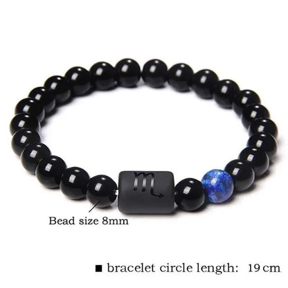 12 Constellation Zodiac Signs Beads Couples Bracelet Natural Black Onyx Stone Elastic Charm Bracelet for Women Men Birthday Gift by Passport Outfitters