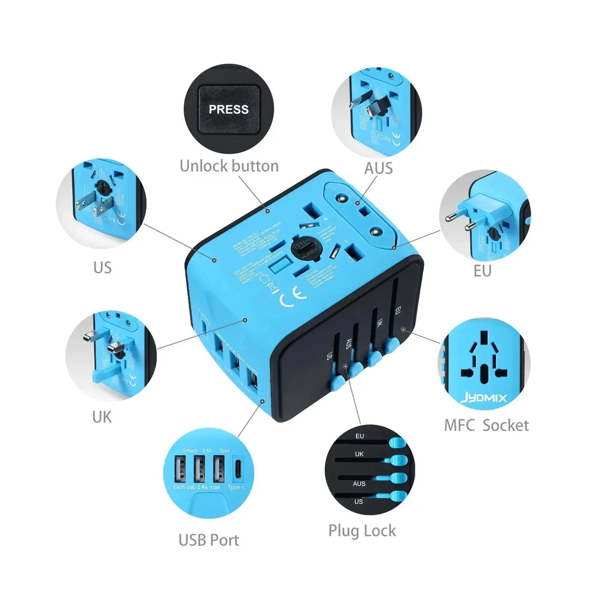 Travel Adapter Universal Power Plug UK European Union US Socket International 3USB Type C Wall Charger for Global Adapters by Passport Outfitters