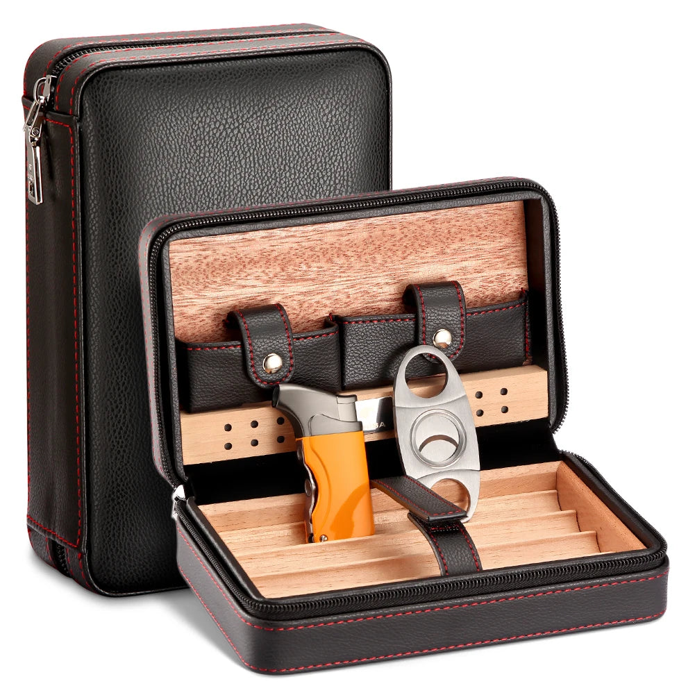 Portable Humidor Cigar Box Travel Cigar Case Leather Cedar Wood Cigar Humidor Box W/ Cutter Lighter Puro Set Accessories by Passport Outfitters