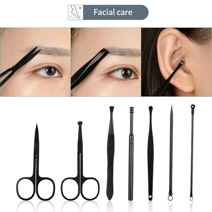 Stainless Steel 7/10/16/18pcs Black Manicure kit Pedicure Set Scissors Nail Clipper Grooming Tool Kit with Travel Case