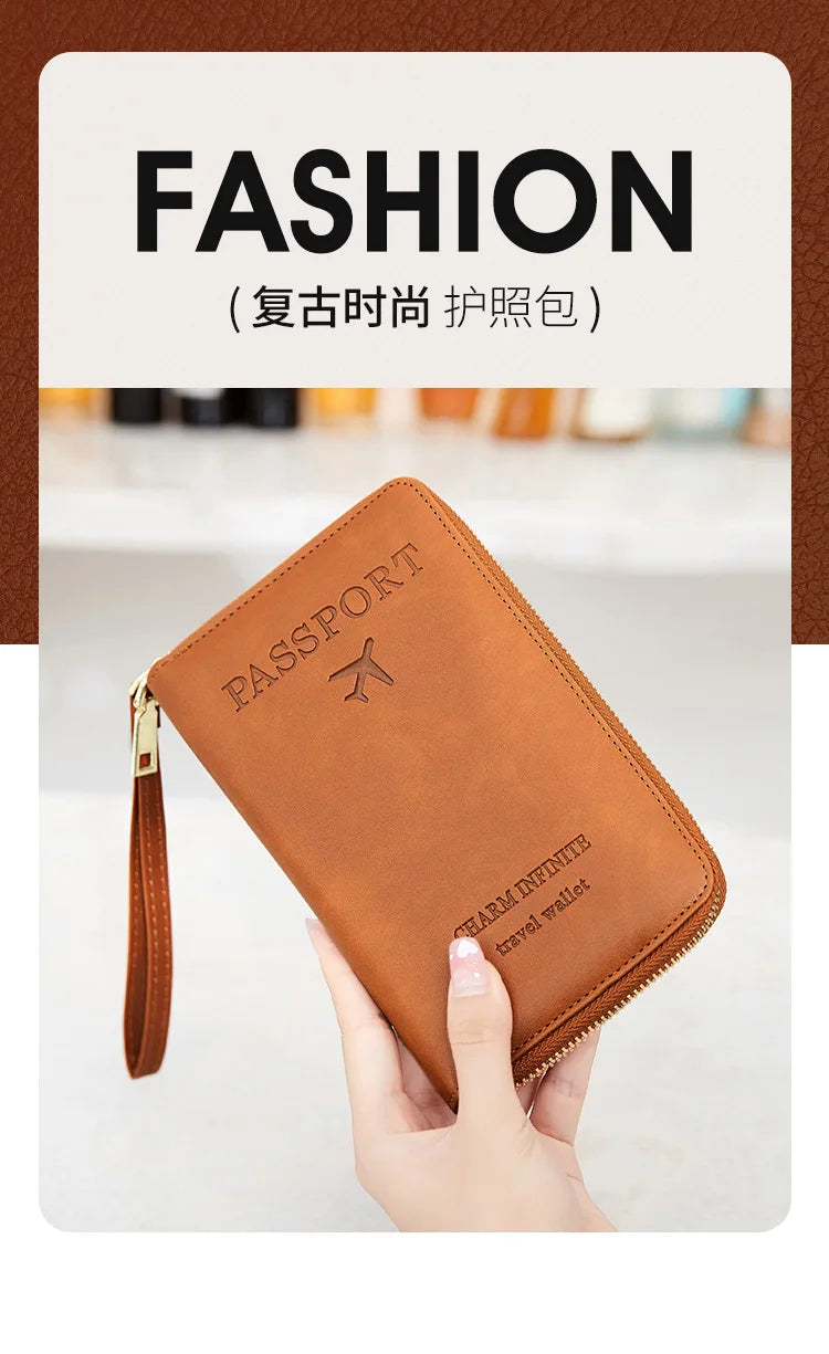 New Leather Passport Cover RFID Blocking Card Holder Zipper Wallet Travel Essentials Phone Bag International Travel Accessories