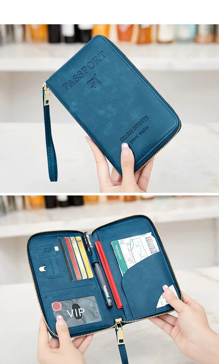 New Leather Passport Cover RFID Blocking Card Holder Zipper Wallet Travel Essentials Phone Bag International Travel Accessories