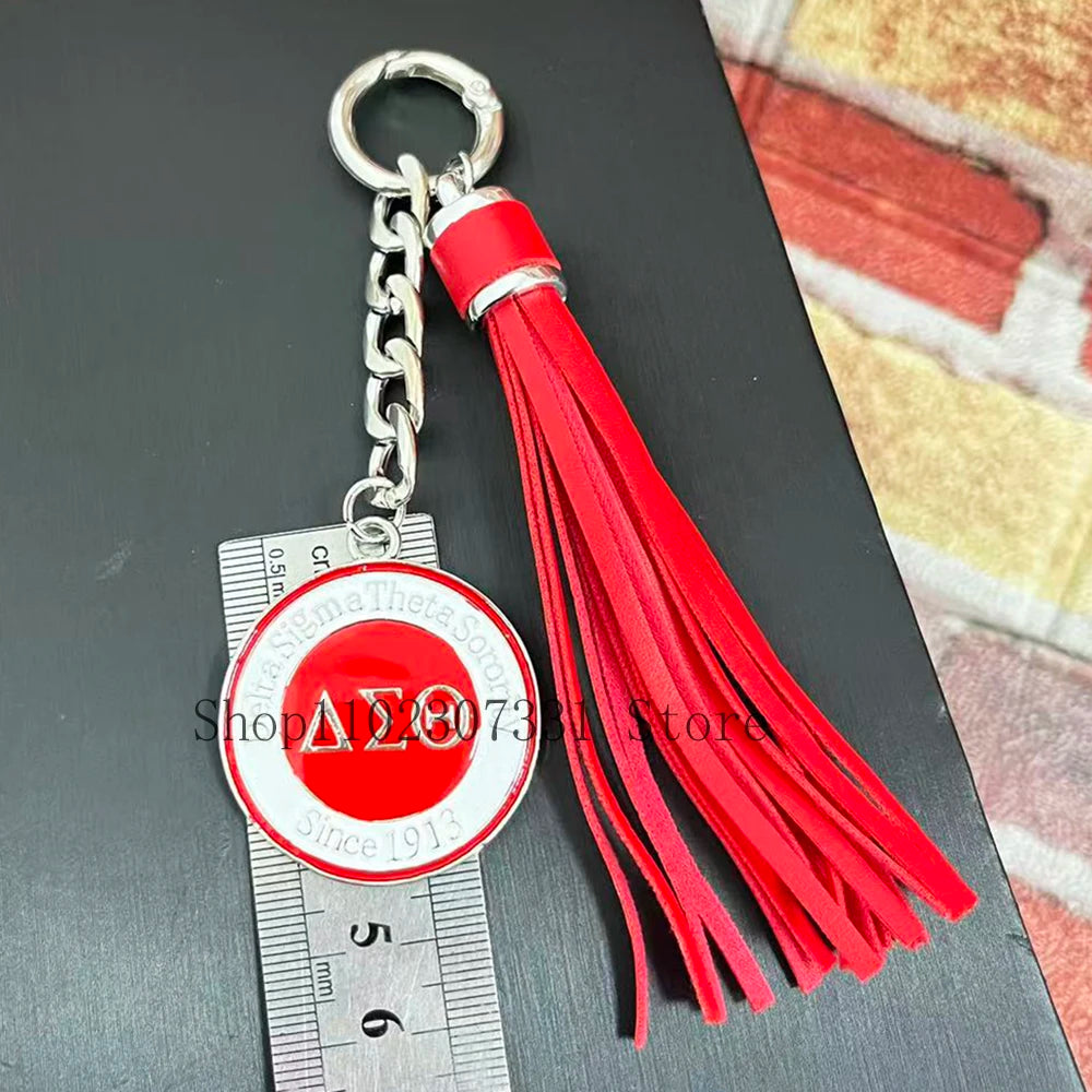 Stainless Steel Greek Letter Delta Shield Keychain With Red Tassel by Passport Outfitters
