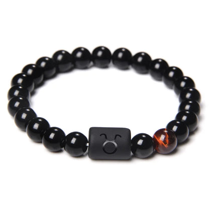 12 Constellation Zodiac Signs Beads Couples Bracelet Natural Black Onyx Stone Elastic Charm Bracelet for Women Men Birthday Gift by Passport Outfitters