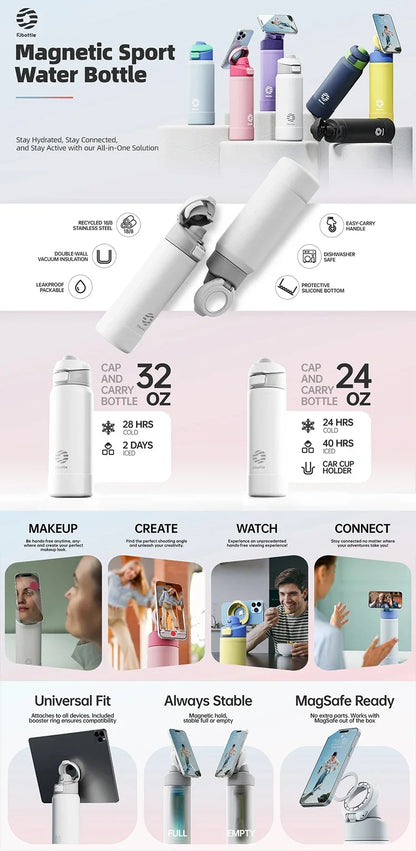 FEIJIAN 710/950ML Stainless Steel Sports Water Bottle with Magnetic Phone Holder Bouncing cover Insulation Cup Magnetic Thermos by Passport Outfitters