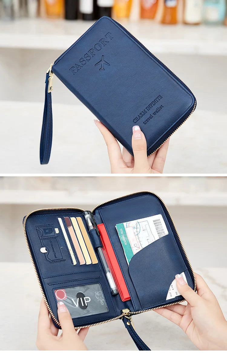 New Leather Passport Cover RFID Blocking Card Holder Zipper Wallet Travel Essentials Phone Bag International Travel Accessories