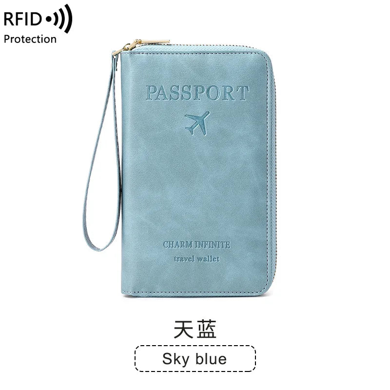 New Leather Passport Cover RFID Blocking Card Holder Zipper Wallet Travel Essentials Phone Bag International Travel Accessories