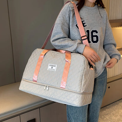 Casual nylon travel luggage bag,  large capacity sports and fitness storage, multi pocket portable weekender overnight bag