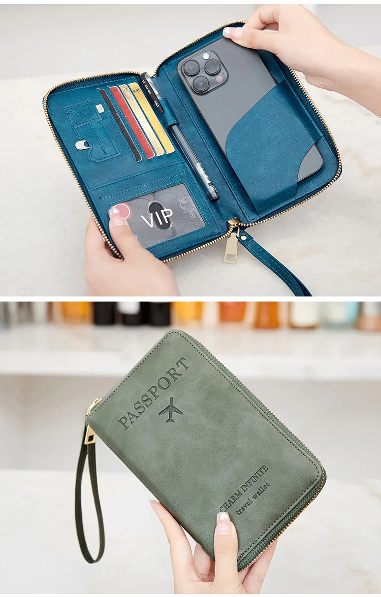 New Leather Passport Cover RFID Blocking Card Holder Zipper Wallet Travel Essentials Phone Bag International Travel Accessories