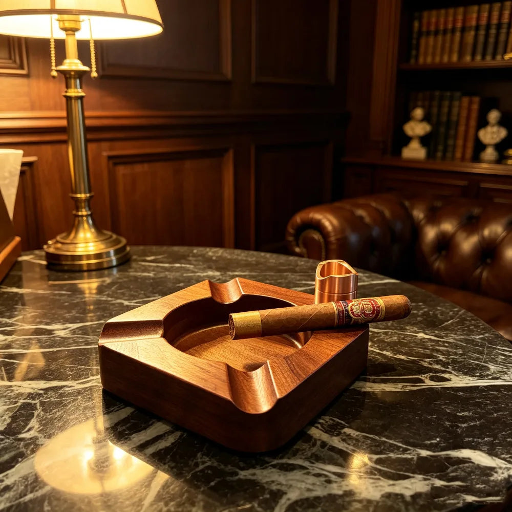 Solid Wood Cigar Ashtray with Integrated Cigar Rest, Retro Stylish Cigar Accessory for Home & Office Use by Passport Outfitters