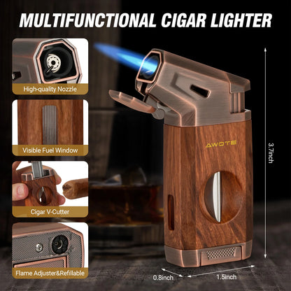 AWOTE Travel Cigar Humidor with Cigar Lighter, Cedar Wood, V Cut Cutter, Portable Cigar Humidor with Humidifier & Hygrometer by Passport Outfitters