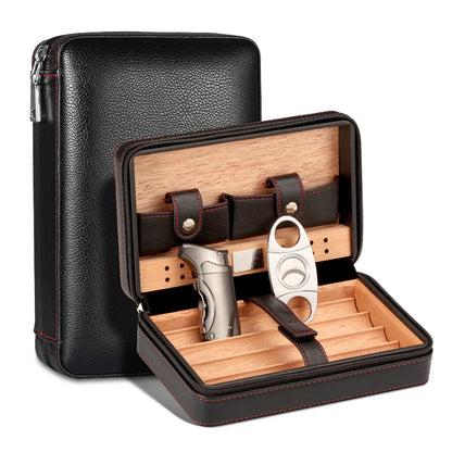Portable Humidor Cigar Box Travel Cigar Case Leather Cedar Wood Cigar Humidor Box W/ Cutter Lighter Puro Set Accessories by Passport Outfitters