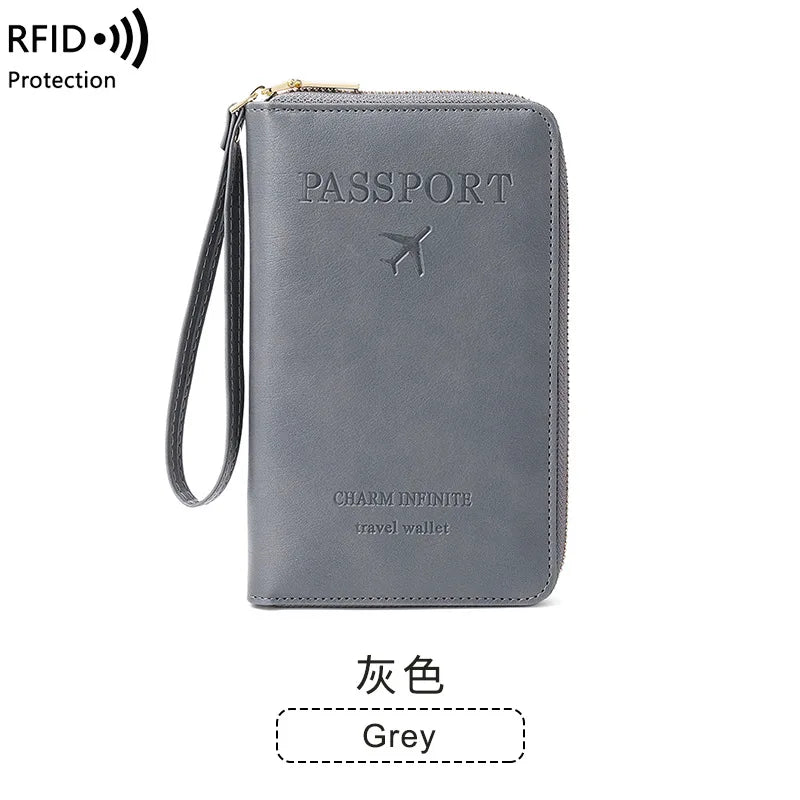 New Leather Passport Cover RFID Blocking Card Holder Zipper Wallet Travel Essentials Phone Bag International Travel Accessories