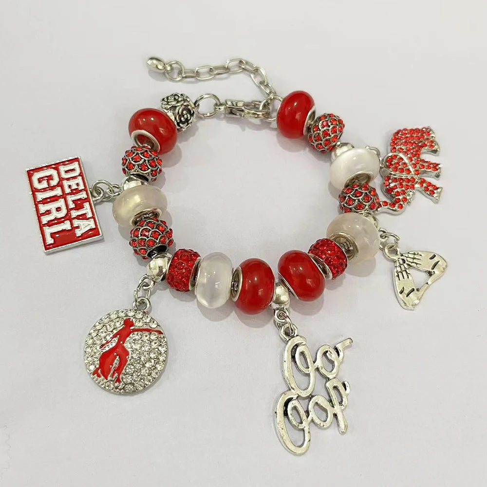 Latest Design Customized Red and White Delta Charm Design Organization Greek Alphabet Friendship Bracelet by Passport Outfitters