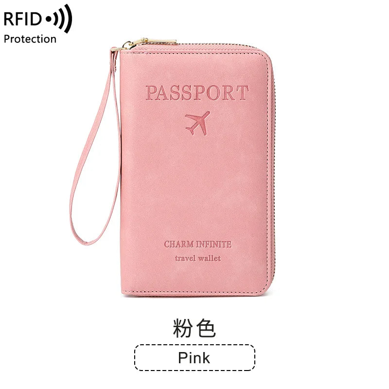 New Leather Passport Cover RFID Blocking Card Holder Zipper Wallet Travel Essentials Phone Bag International Travel Accessories