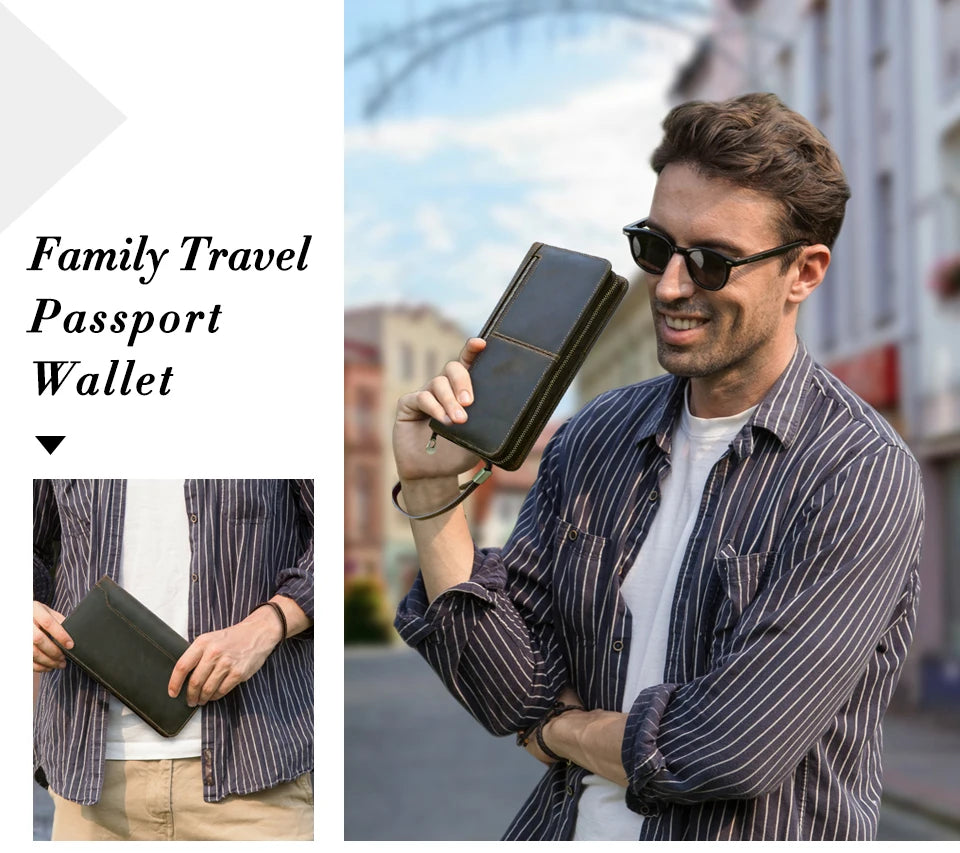 Family Genuine Leather Passport Wallet with AirTag Slot for Travel