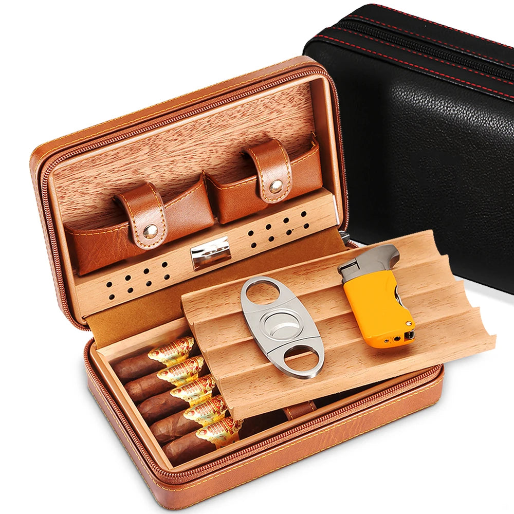 Portable Humidor Cigar Box Travel Cigar Case Leather Cedar Wood Cigar Humidor Box W/ Cutter Lighter Puro Set Accessories by Passport Outfitters