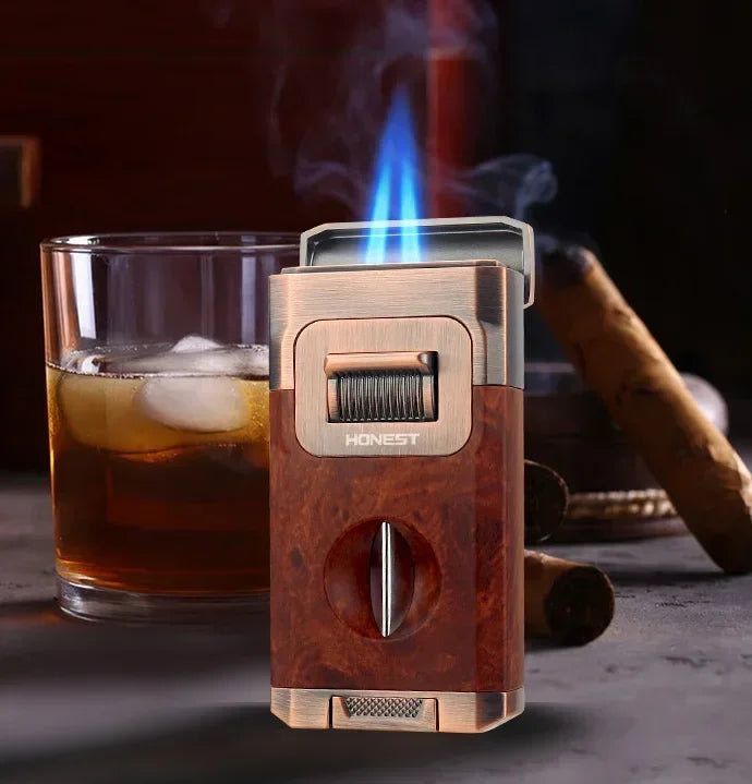 Metal High-end Cigar Lighter with Unique Wind Proof V-shaped Cutting Double Jet Flame Butane Gas Lighter Cigar Accessories by Passport Outfitters