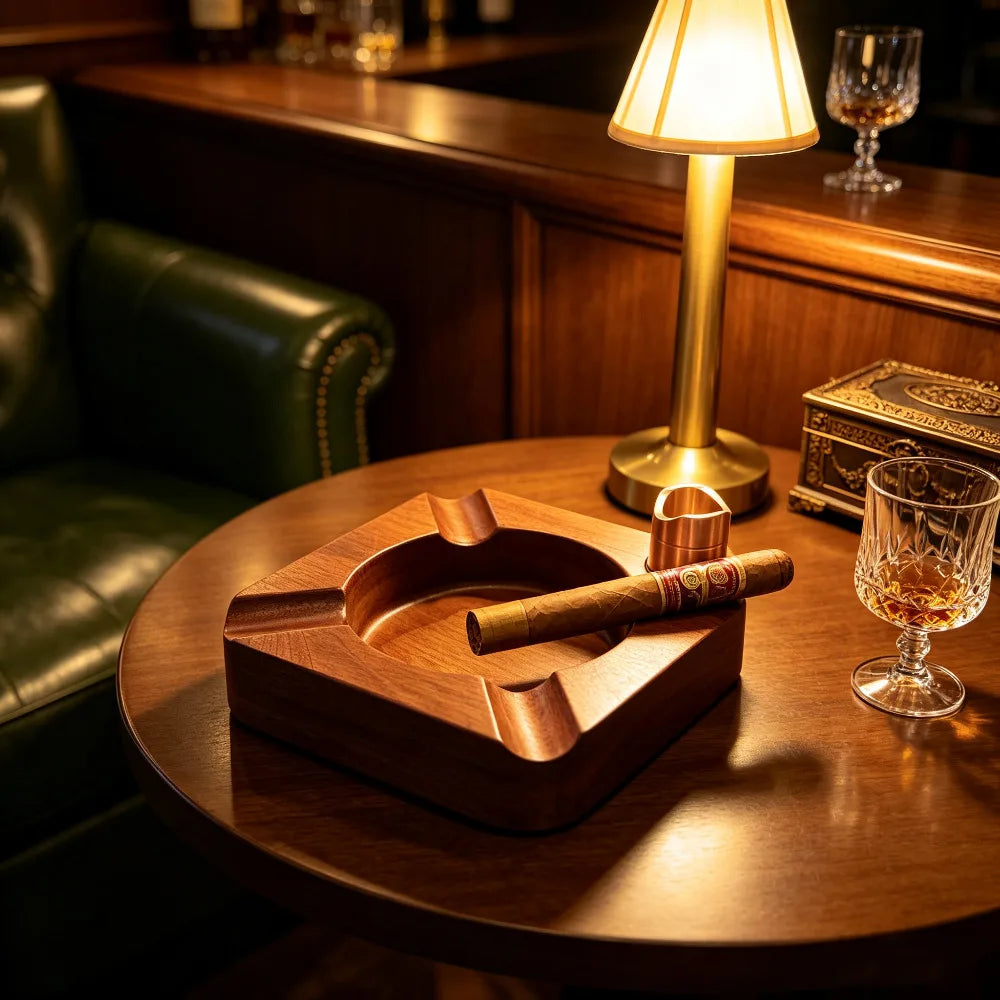 Solid Wood Cigar Ashtray with Integrated Cigar Rest, Retro Stylish Cigar Accessory for Home & Office Use by Passport Outfitters