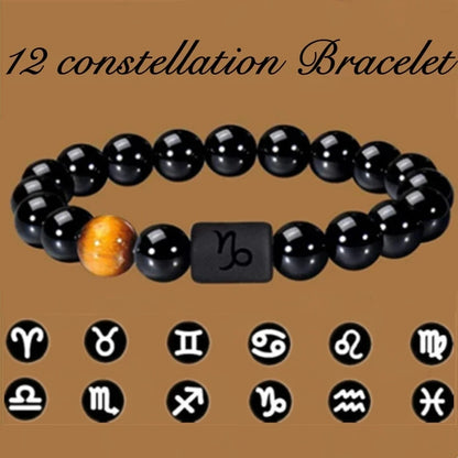 12 Constellation Zodiac Signs Beads Couples Bracelet Natural Black Onyx Stone Elastic Charm Bracelet for Women Men Birthday Gift by Passport Outfitters
