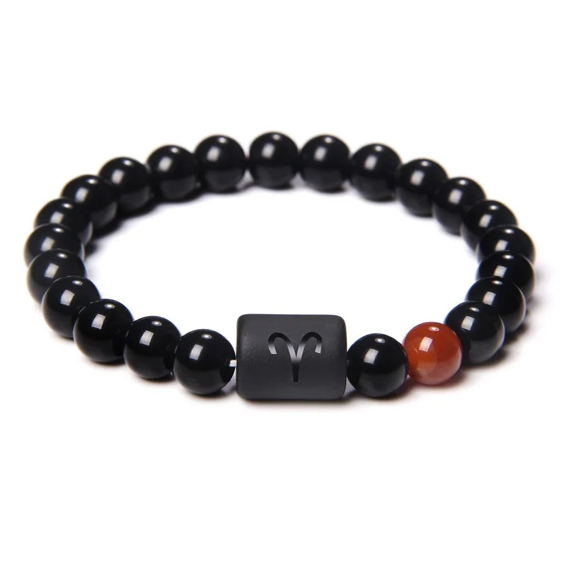 12 Constellation Zodiac Signs Beads Couples Bracelet Natural Black Onyx Stone Elastic Charm Bracelet for Women Men Birthday Gift by Passport Outfitters