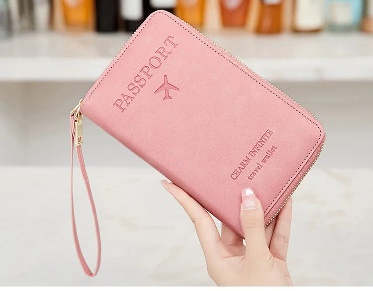 New Leather Passport Cover RFID Blocking Card Holder Zipper Wallet Travel Essentials Phone Bag International Travel Accessories