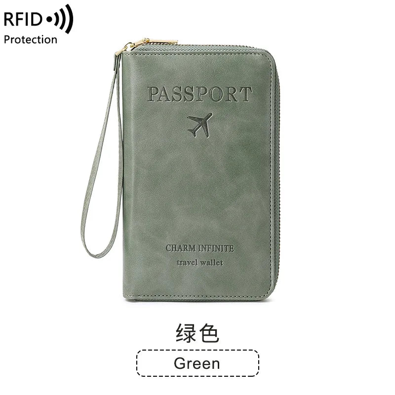 New Leather Passport Cover RFID Blocking Card Holder Zipper Wallet Travel Essentials Phone Bag International Travel Accessories