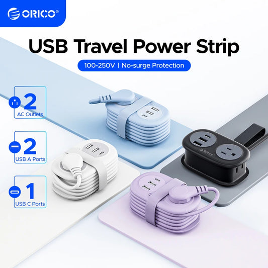 ORICO Multitap Electrical Power Strip 2 AC Outlets 2 USB Port 1 Type C Socket Extension Cord Fast Charging for Portable Travel