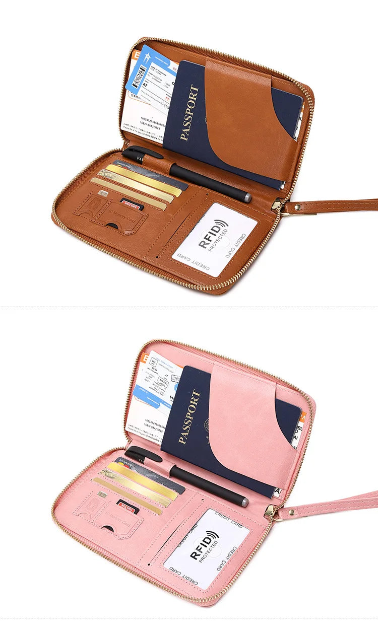 New Leather Passport Cover RFID Blocking Card Holder Zipper Wallet Travel Essentials Phone Bag International Travel Accessories